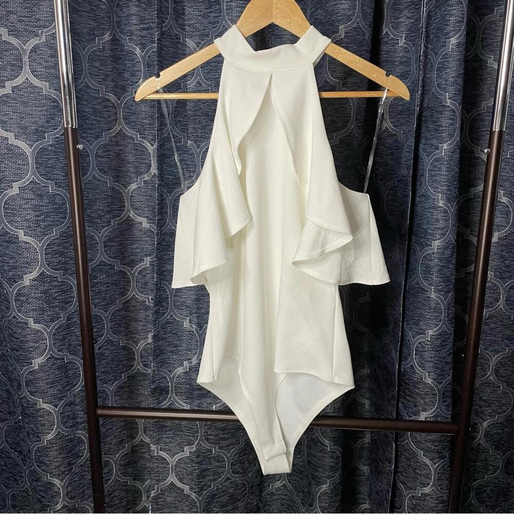 NWT nylon apparel ivory ruffle halter bodysuit Large